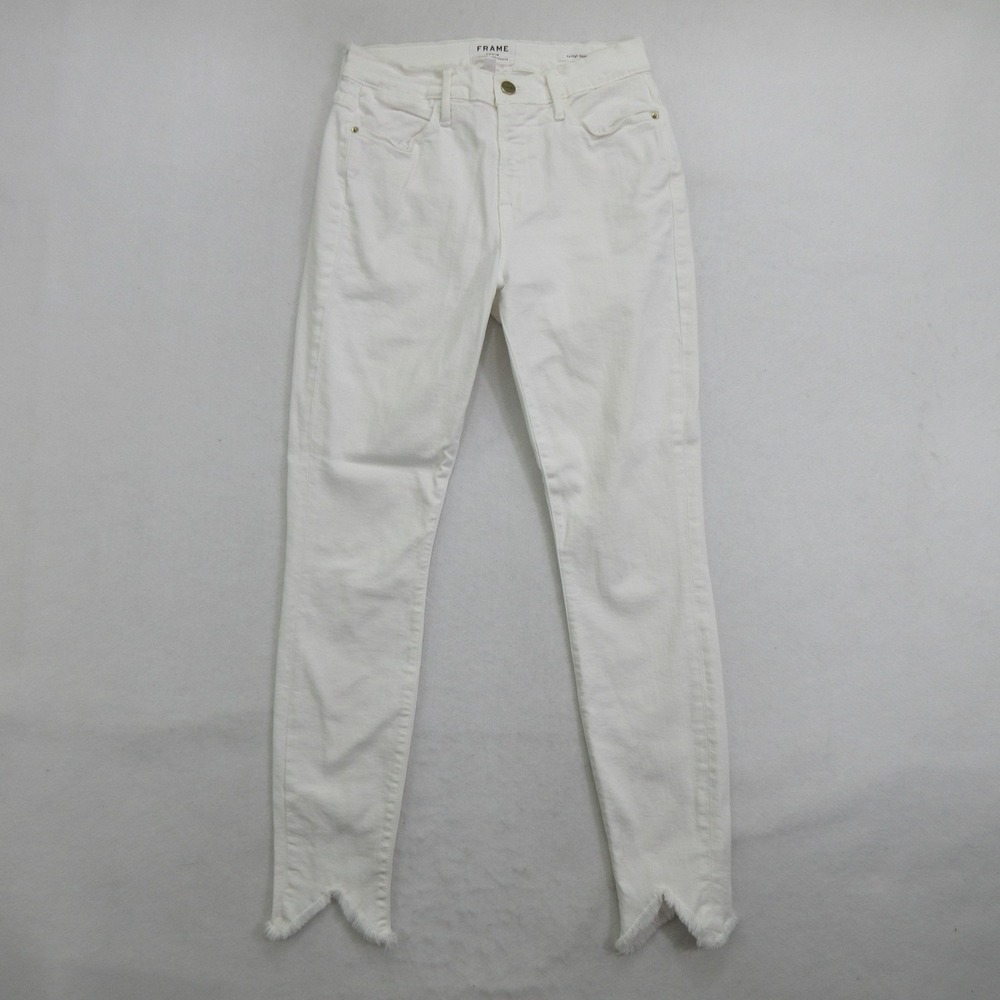 FRAME Jeans 28 Le High Skinny Blanc White High Rise Frayed Step Hem Stretch USA